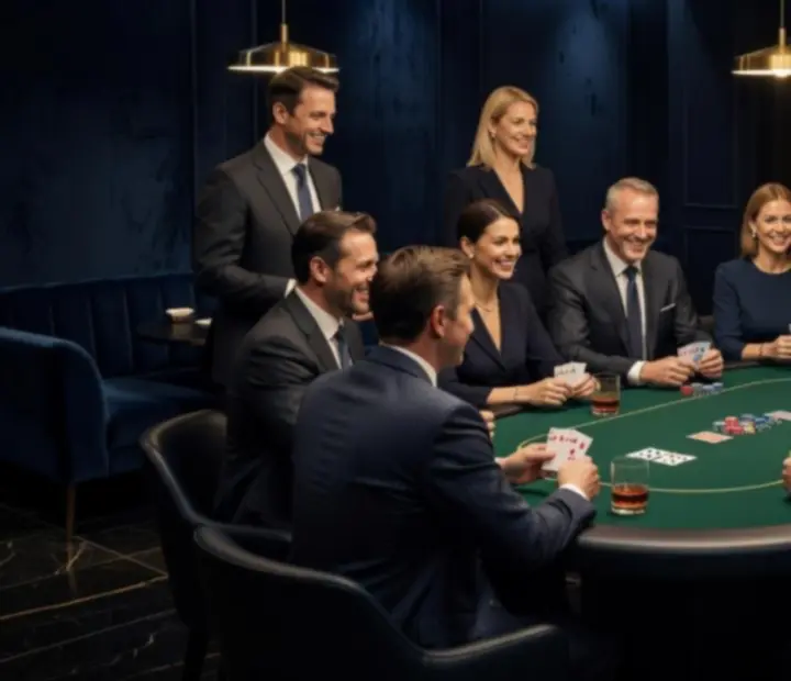 Elegantní corporate event s pokerovým stolem v tmavém lounge prostředí