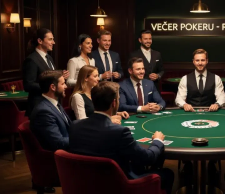 Dealer Vyberexpertu profesionálně vede společenský pokerový večer během firemní akce