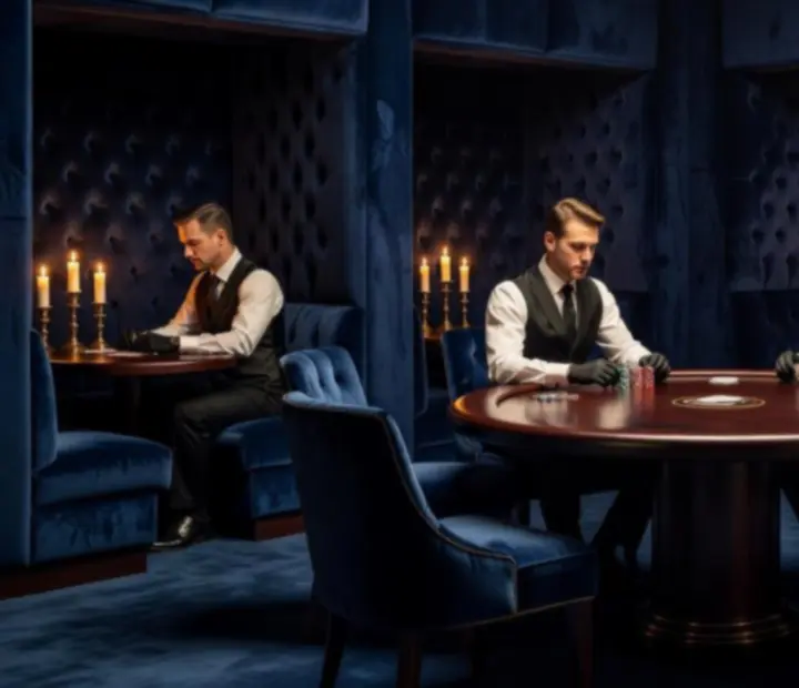 Klasický velvet interiér s tlumeným osvětlením a pokerovým stolem