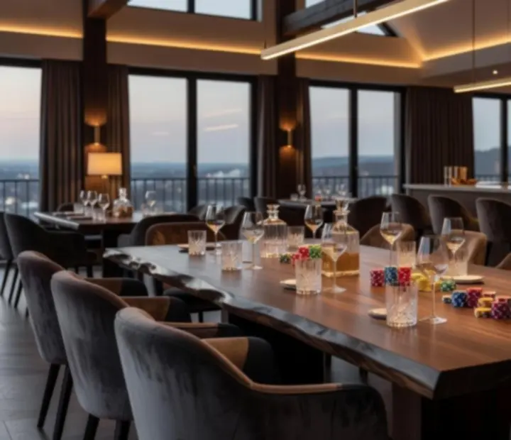 Moderní cocktail bar s podsvíceným barem a připravenými pokerovými stoly