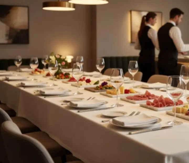 Skupinové servírování degustačního menu na dlouhém stole připraveném pro večerní event