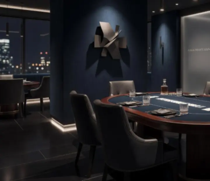 Moderní tmavý lounge s pokerovým stolem připravený pro společenský večer