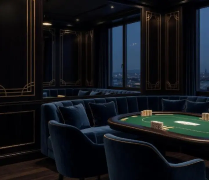 Noční lounge interiér s poker stolem připraveným pro společenský večer