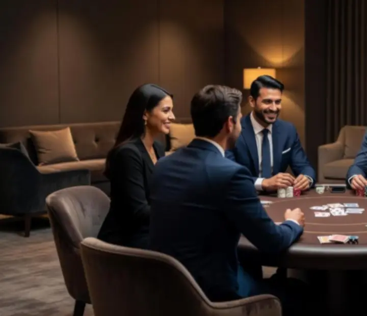 Hosté v lounge prostředí diskutují během poker večera