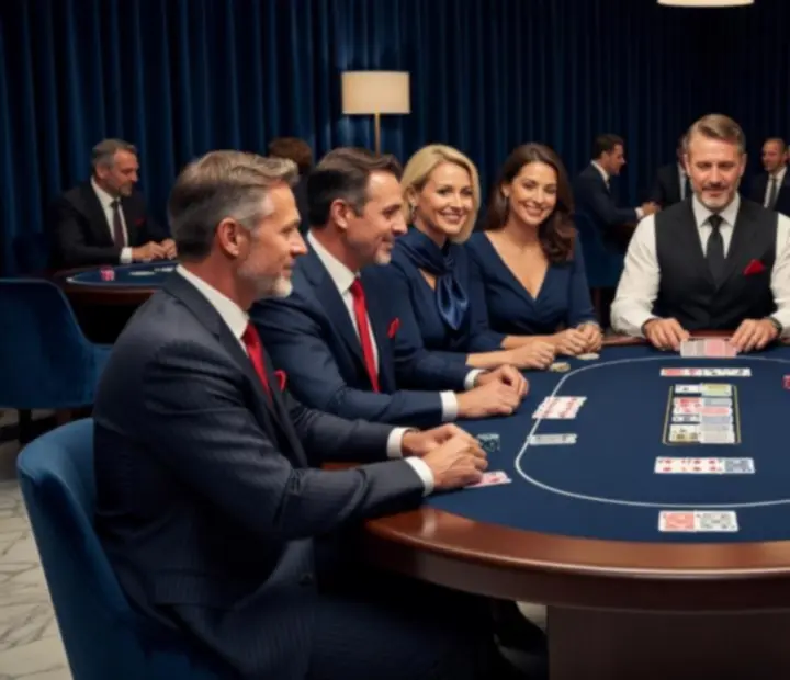 Skupina hostů u pokerového stolu se společenskou atmosférou bez peněžních sázek