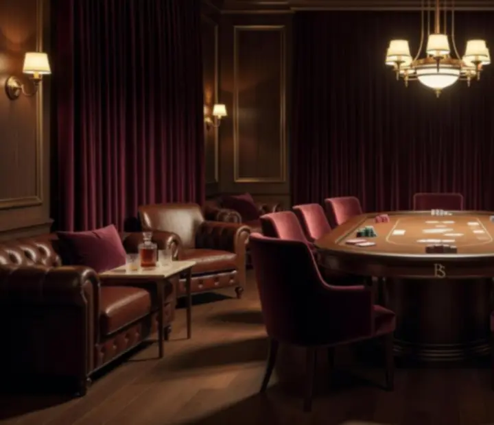 Privátní místnost s tlumeným osvětlením, lounge sezením a pokerovým stolem