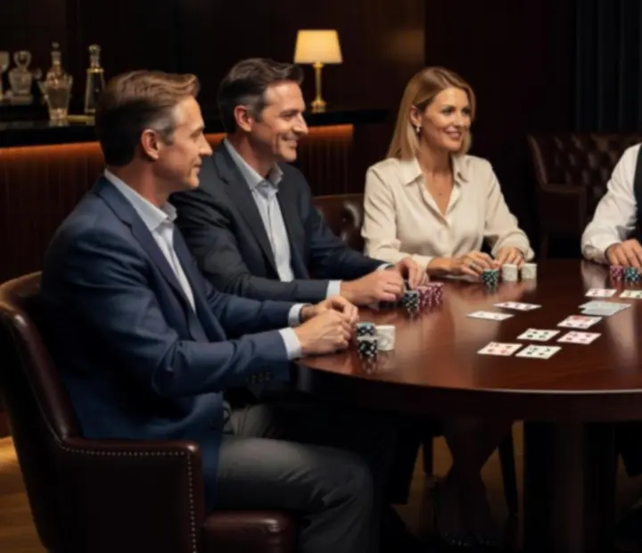 Skupina kolegů během firemního sociálního pokerového večera
